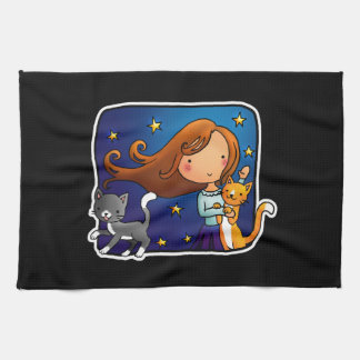 女性および2匹の猫 キッチンタオル