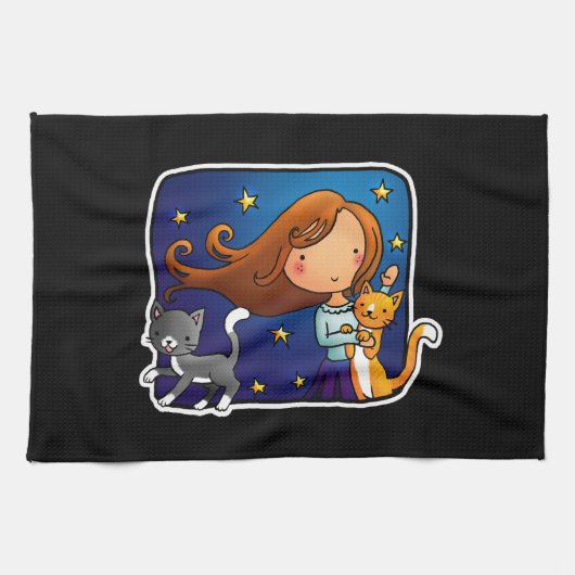 女性および2匹の猫 キッチンタオル (横)