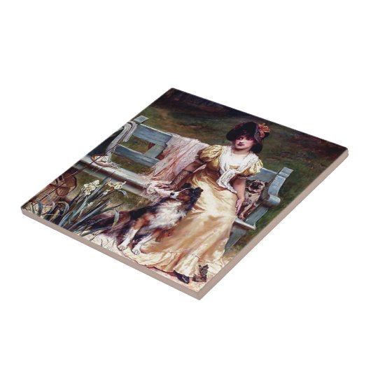 女性および2匹の飼い犬の絵を描くこと タイル (側面)