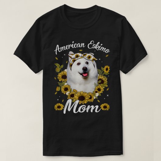 女性かわいいアメリカ人エスキモマヒマワリ犬ママ Tシャツ (デザイン正面)