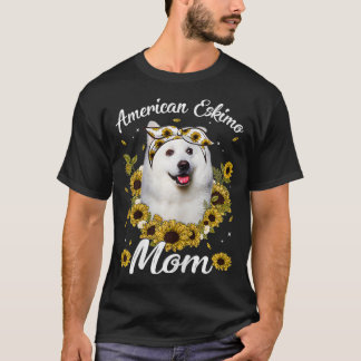 女性かわいいアメリカ人エスキモマヒマワリ犬ママ Tシャツ