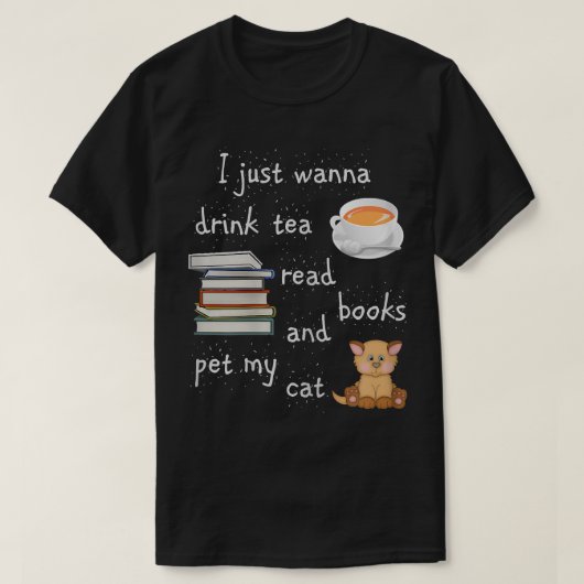 女性がお茶読本を飲むペット猫 Tシャツ (デザイン正面)