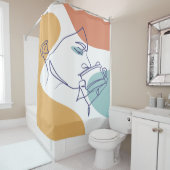 女性がコーヒーを飲むラインアートスケッチのポスター シャワーカーテン (インサイチュ)
