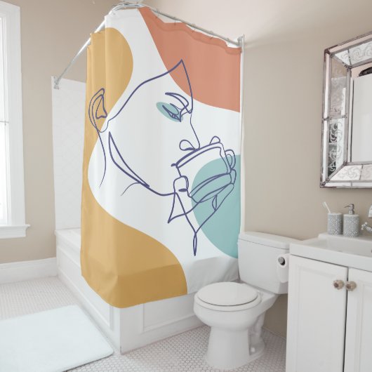 女性がコーヒーを飲むラインアートスケッチのポスター シャワーカーテン (インサイチュ)