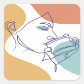 女性がコーヒーを飲むラインアートスケッチのポスター スクエアシール (正面)