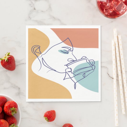 女性がコーヒーを飲むラインアートスケッチのポスター スタンダードランチョンナプキン (インサイチュ)