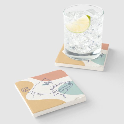 女性がコーヒーを飲むラインアートスケッチのポスター ストーンコースター (横)