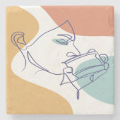 女性がコーヒーを飲むラインアートスケッチのポスター ストーンコースター (正面)