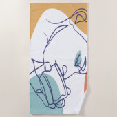 女性がコーヒーを飲むラインアートスケッチのポスター ビーチタオル (正面)