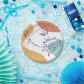 女性がコーヒーを飲むラインアートスケッチのポスター ペーパープレート (パーティー)