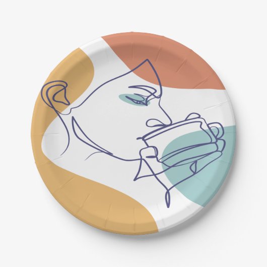 女性がコーヒーを飲むラインアートスケッチのポスター ペーパープレート (正面)
