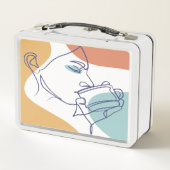 女性がコーヒーを飲むラインアートスケッチのポスター メタルランチボックス (裏面)