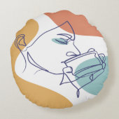 女性がコーヒーを飲むラインアートスケッチのポスター ラウンドクッション (裏面)