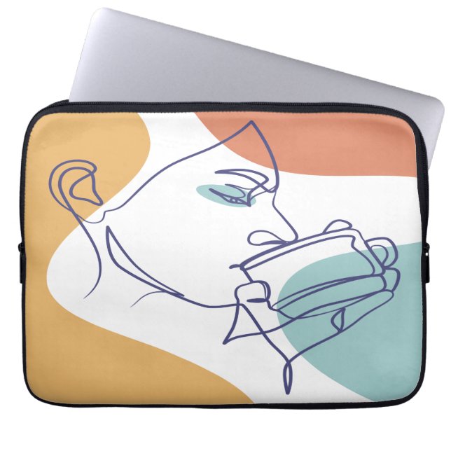 女性がコーヒーを飲むラインアートスケッチのポスター ラップトップスリーブ (正面)