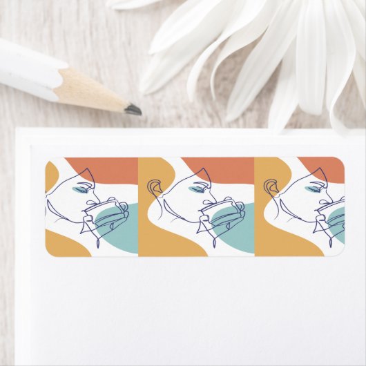 女性がコーヒーを飲むラインアートスケッチのポスター ラベル (インサイチュ)