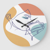女性がコーヒーを飲むラインアートスケッチのポスター ラージ壁時計 (正面)