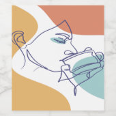 女性がコーヒーを飲むラインアートスケッチのポスター ワインラベル (シングルラベル)