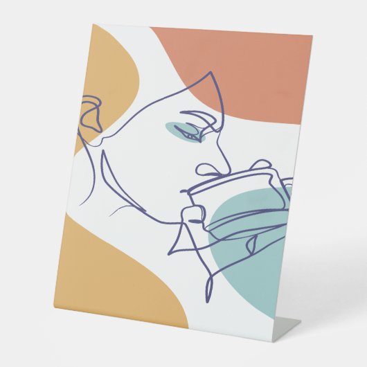 女性がコーヒーを飲むラインアートスケッチのポスター 台座サイン (正面)