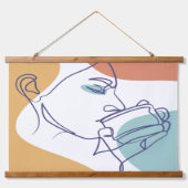 女性がコーヒーを飲むラインアートスケッチのポスター 吊り下げ型タペストリー (正面)