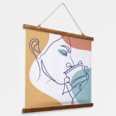 女性がコーヒーを飲むラインアートスケッチのポスター 吊り下げ型タペストリー (傾斜あり)