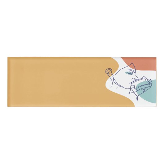 女性がコーヒーを飲むラインアートスケッチのポスター 名札 (正面)