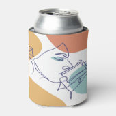 女性がコーヒーを飲むラインアートスケッチのポスター 缶クーラー (缶正面)