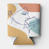 女性がコーヒーを飲むラインアートスケッチのポスター 缶クーラー (正面)