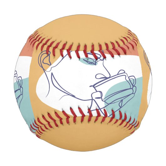 女性がコーヒーを飲むラインアートスケッチのポスター 野球ボール (正面)