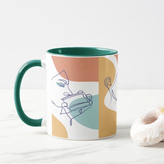 女性がコーヒーを飲む線画ポスター マグカップ (ドーナツ)