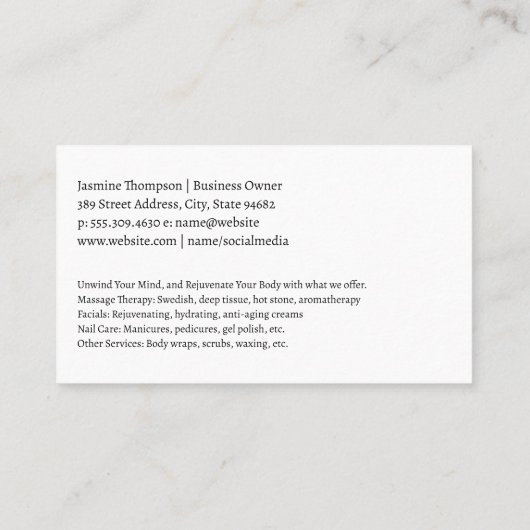 女性がスパ顔 | 美しい修復 名刺 (裏面)