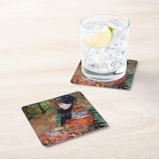 女性がベンチに座って,メアリー・カッサット スクエアペーパーコースター (インサイチュ)