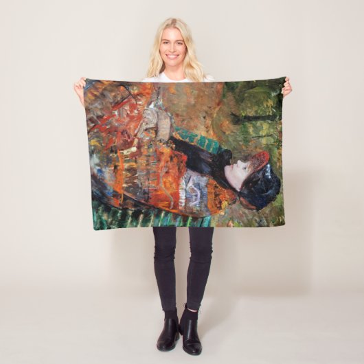 女性がベンチに座って，メアリー・カッサット フリースブランケット (インサイチュ)