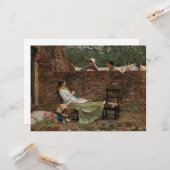 女性が庭の壁の上でチャット（ゴシップ） カード (正面/裏面インサイチュ)
