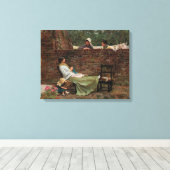 女性が庭の壁の上でチャット(ゴシップ) キャンバスプリント (インサイチュ (ウッドフロア))