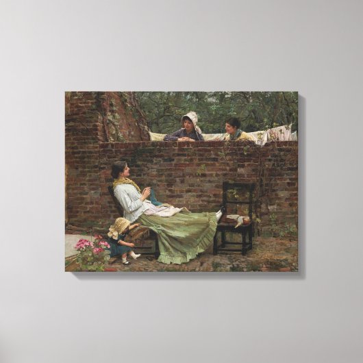女性が庭の壁の上でチャット(ゴシップ) キャンバスプリント (正面)
