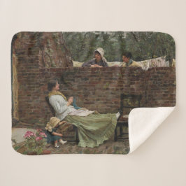 女性が庭の壁の上でチャット（ゴシップ） シェルパブランケット