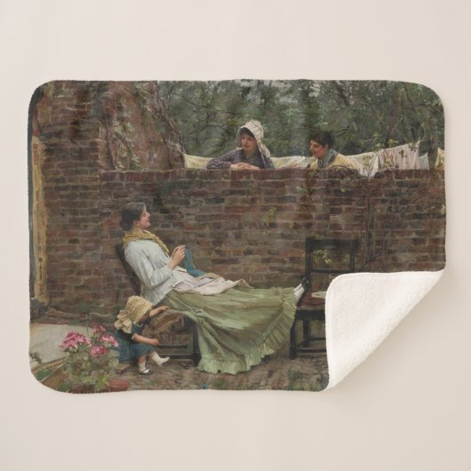 女性が庭の壁の上でチャット（ゴシップ） シェルパブランケット (正面(横))
