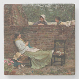 女性が庭の壁の上でチャット（ゴシップ） ストーンコースター