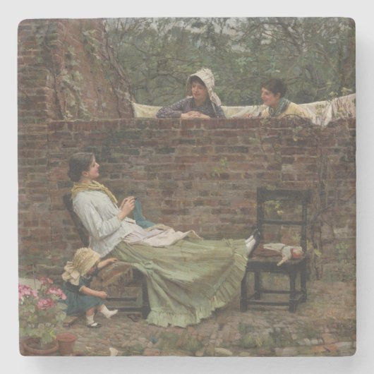 女性が庭の壁の上でチャット（ゴシップ） ストーンコースター (正面)