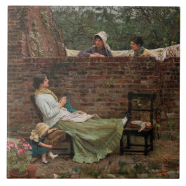 女性が庭の壁の上でチャット（ゴシップ） タイル