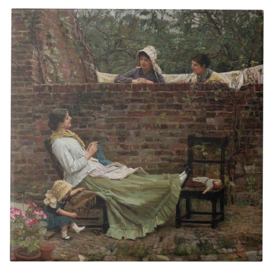 女性が庭の壁の上でチャット（ゴシップ） タイル (正面)