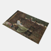 女性が庭の壁の上でチャット（ゴシップ） ドアマット (アングル)