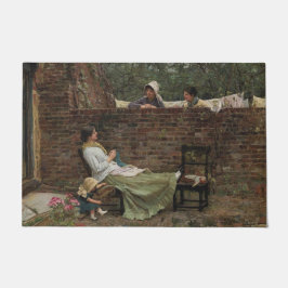 女性が庭の壁の上でチャット（ゴシップ） ドアマット