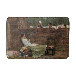 女性が庭の壁の上でチャット（ゴシップ） バスマット