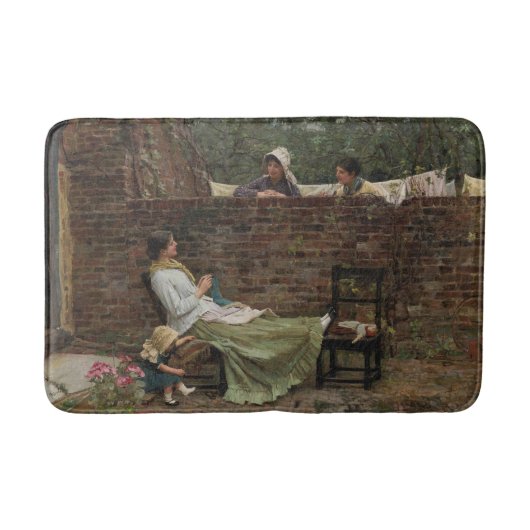 女性が庭の壁の上でチャット(ゴシップ) バスマット (正面)