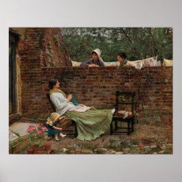 女性が庭の壁の上でチャット（ゴシップ） ポスター