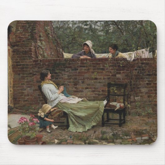女性が庭の壁の上でチャット(ゴシップ) マウスパッド (正面)