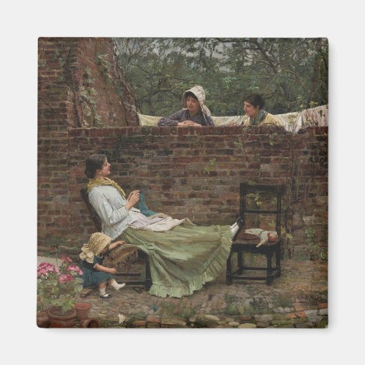 女性が庭の壁の上でチャット(ゴシップ) マグネット (正面)