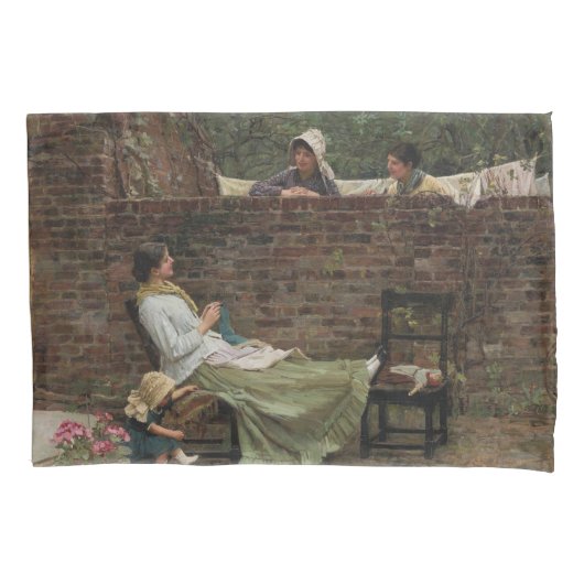 女性が庭の壁の上でチャット(ゴシップ) 枕カバー (正面左)