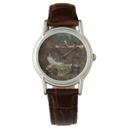 女性が庭の壁の上でチャット（ゴシップ） 腕時計